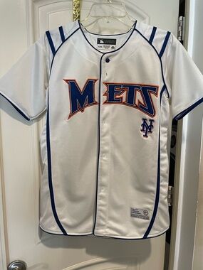 Majestic White New York Mets Button-Up Jersey with Blue & Orange Logo